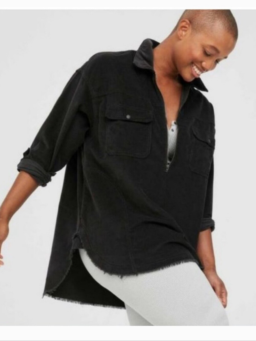 Aerie corduroy quarter-zip shacket with a frayed, raw hem